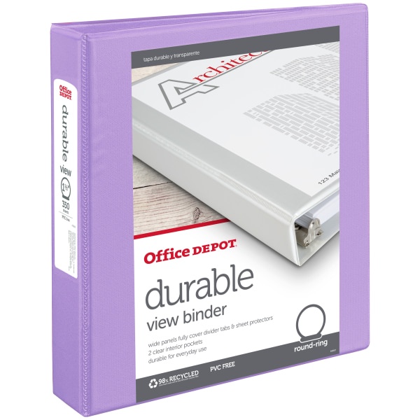 slide 1 of 1, Office Depot Brand Durable View Round-Ring Binder, 2'' Rings, Lavender, 2 in