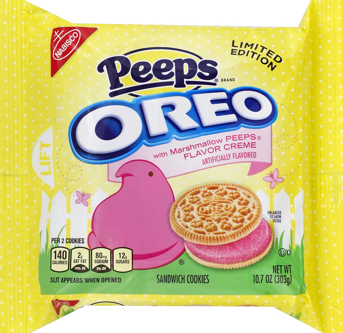 slide 3 of 6, OREO Golden Sandwich Cookies, Peeps Flavored Creme, Limited Edition, 1 Resealable 10.7 oz Pack, 0.7 lb