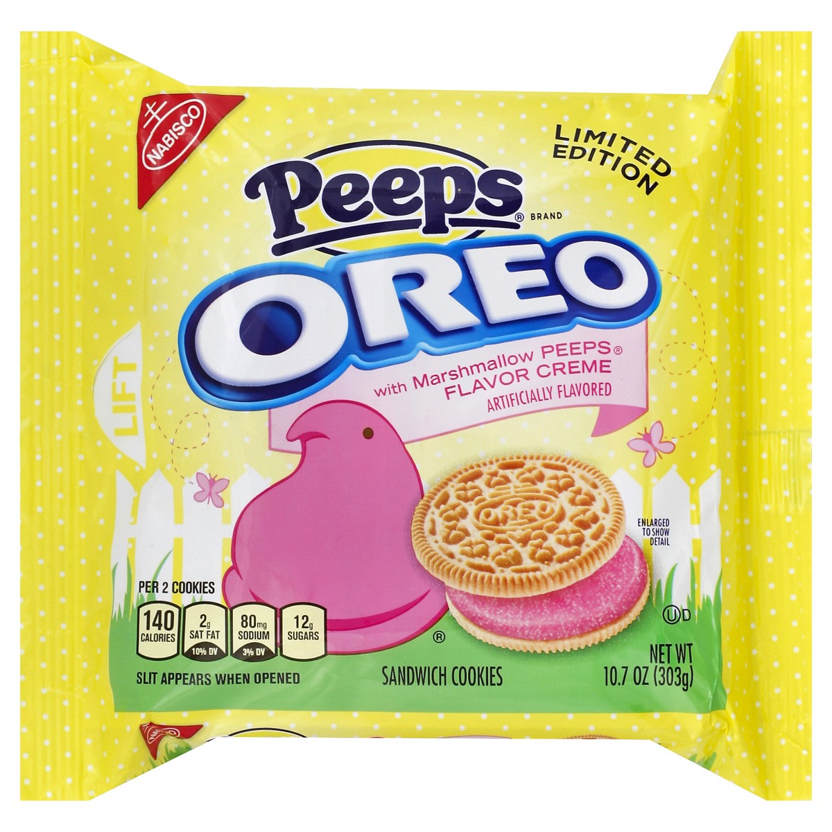 slide 5 of 6, OREO Golden Sandwich Cookies, Peeps Flavored Creme, Limited Edition, 1 Resealable 10.7 oz Pack, 0.7 lb