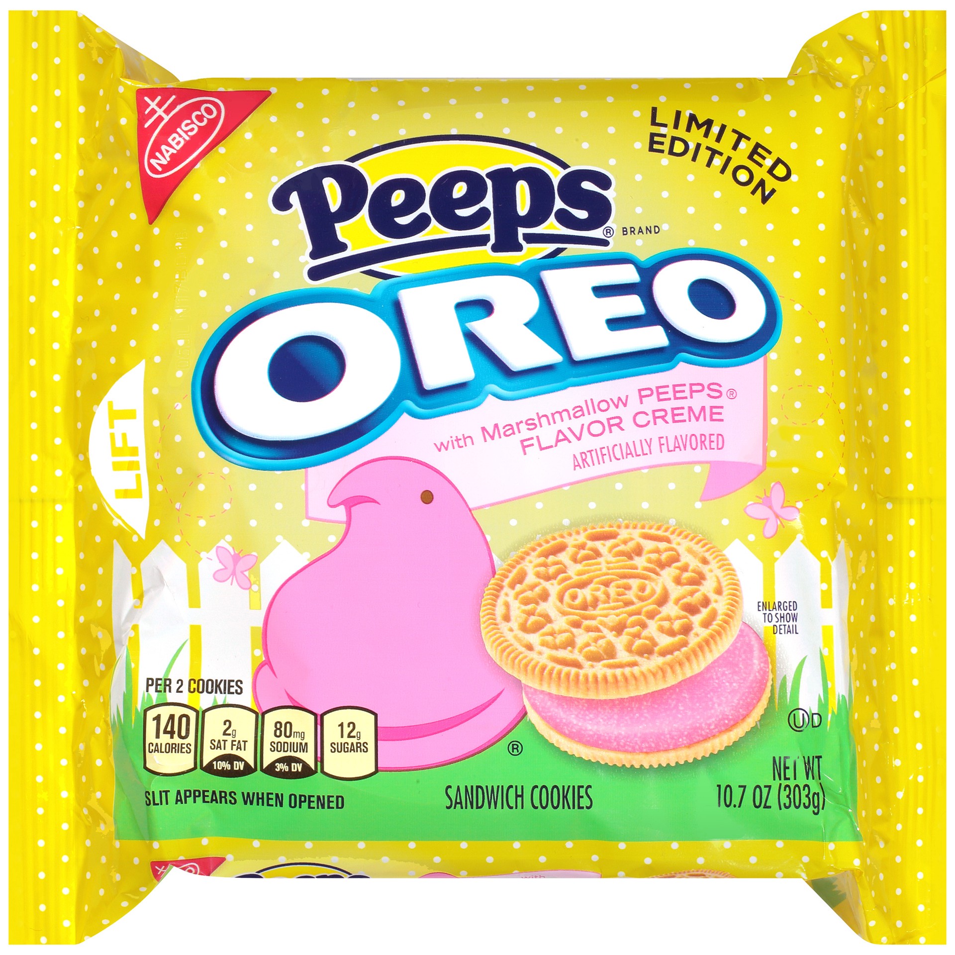 slide 1 of 6, OREO Golden Sandwich Cookies, Peeps Flavored Creme, Limited Edition, 1 Resealable 10.7 oz Pack, 0.7 lb