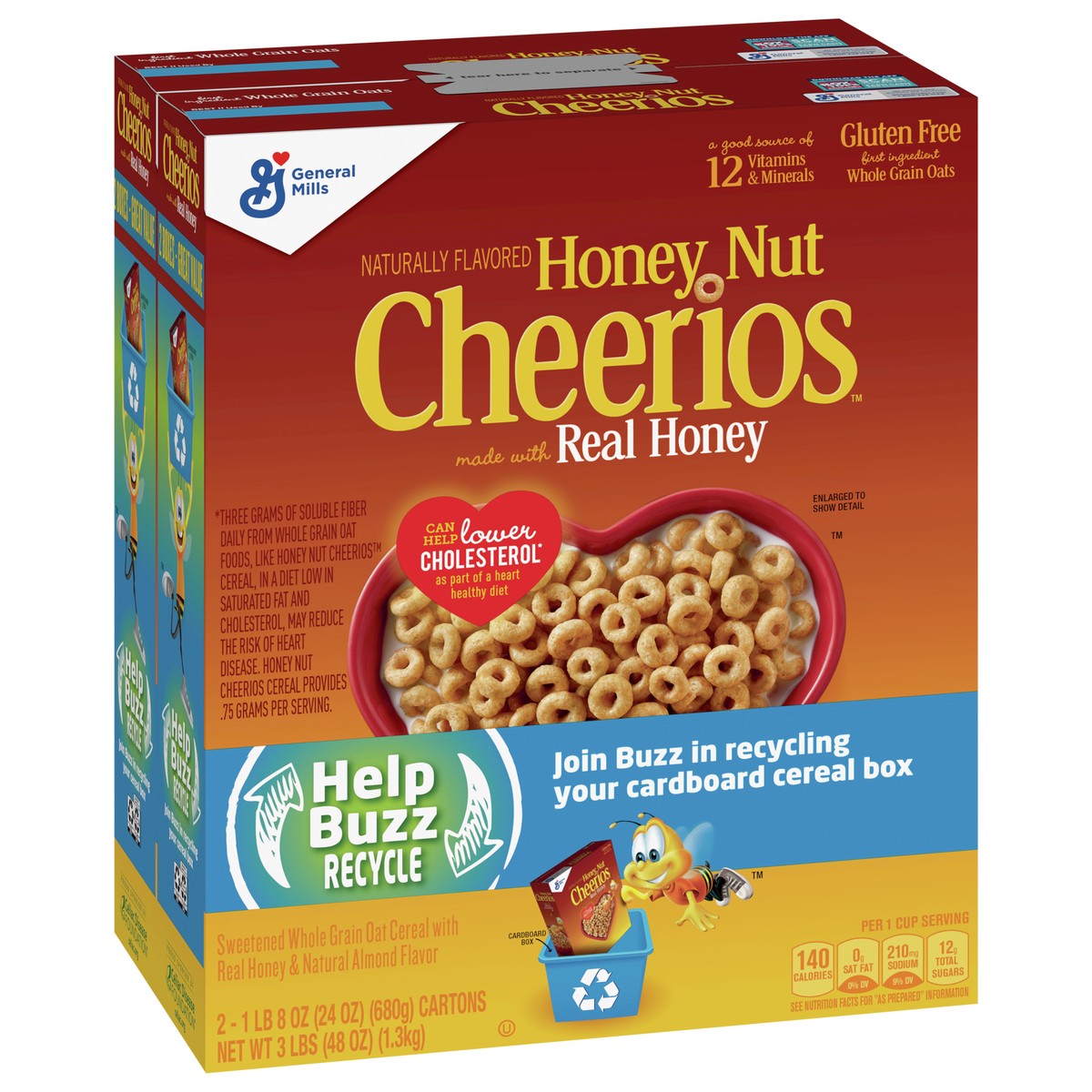 slide 2 of 8, Cheerios Honey Nut Cheerios Heart Healthy Breakfast Cereal, Gluten Free Cereal With Whole Grain Oats, 48 oz Recyclable Cereal Box (2 Pack), 2 ct