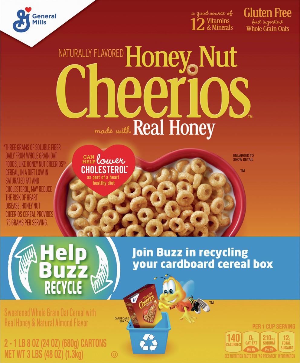 slide 5 of 8, Cheerios Honey Nut Cheerios Heart Healthy Breakfast Cereal, Gluten Free Cereal With Whole Grain Oats, 48 oz Recyclable Cereal Box (2 Pack), 2 ct