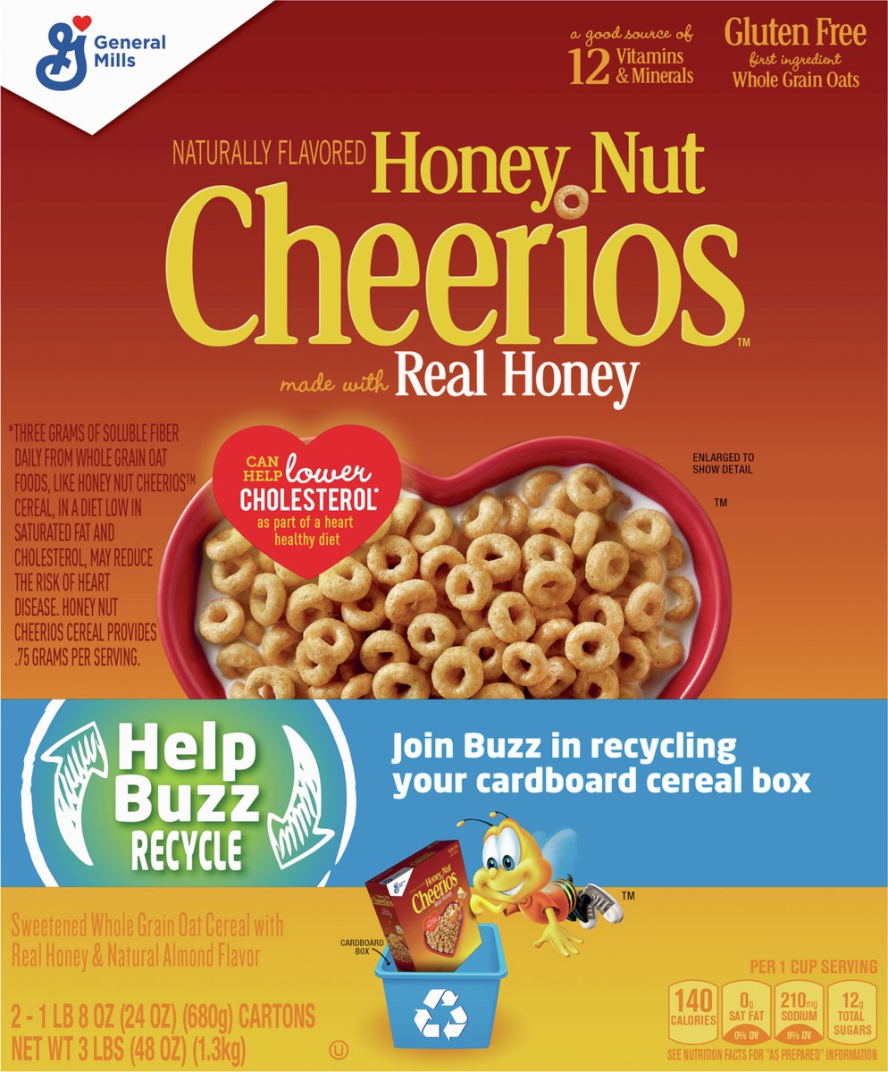 slide 8 of 8, Cheerios Honey Nut Cheerios Heart Healthy Breakfast Cereal, Gluten Free Cereal With Whole Grain Oats, 48 oz Recyclable Cereal Box (2 Pack), 2 ct