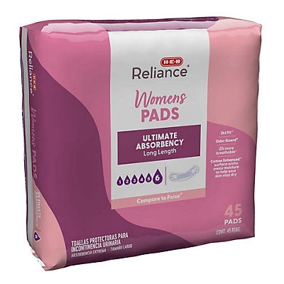 slide 1 of 1, H-E-B Reliance Ultimate Absorbency Long Length Pads, 45 ct