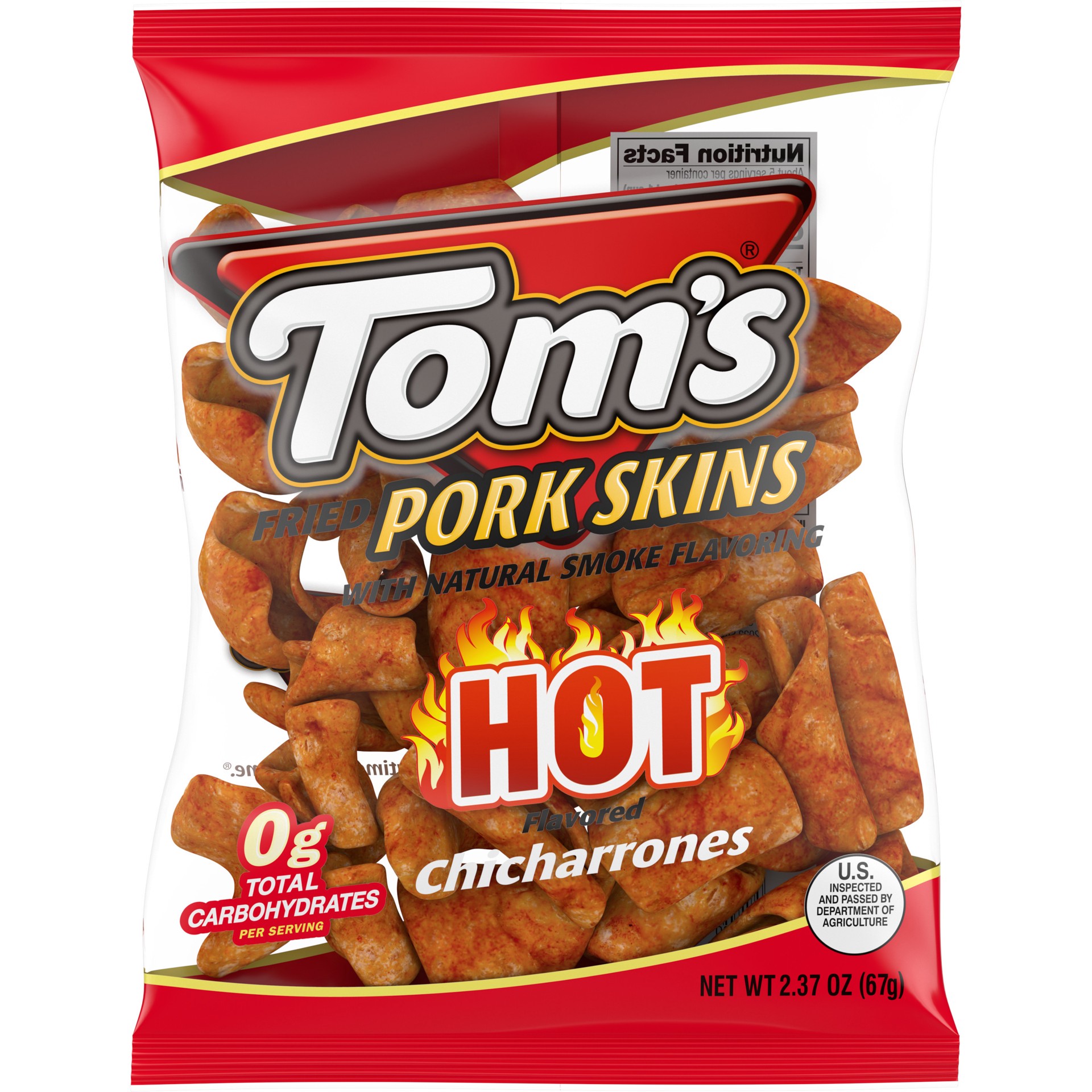 slide 1 of 5, Tom's Pork Skins, Hot Chicharrones, 2.375 Oz, 2.37 oz