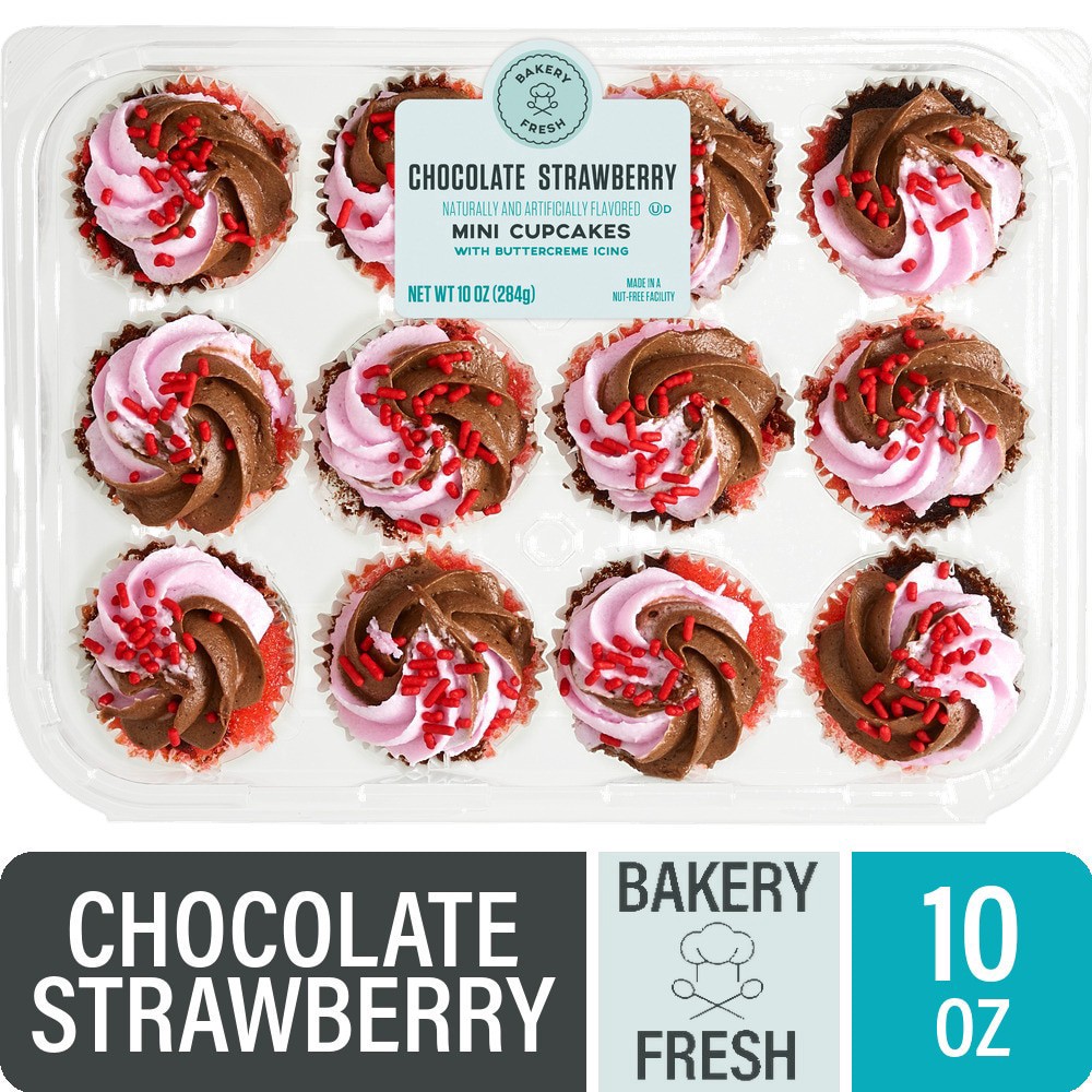 slide 1 of 3, Bakery Fresh Valentine's Day Chocolate Strawberry Mini Cupcakes with Buttercreme Icing, 12 ct; 10 oz