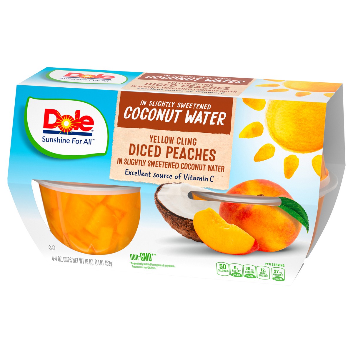 slide 8 of 11, DOLE Fruit Bowls Yellow Cling Diced Peaches in Slightly Sweetened Coconut Water 4-4 oz. Cups, 4 ct; 4 oz