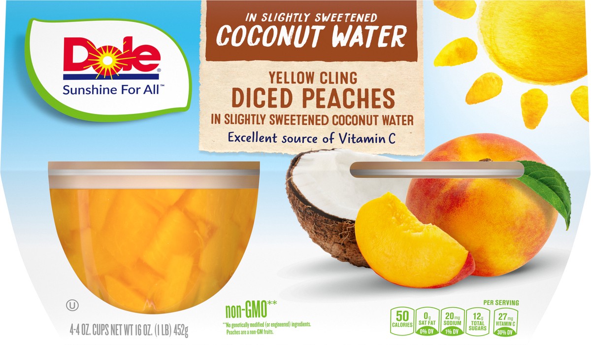 slide 6 of 11, DOLE Fruit Bowls Yellow Cling Diced Peaches in Slightly Sweetened Coconut Water 4-4 oz. Cups, 4 ct; 4 oz