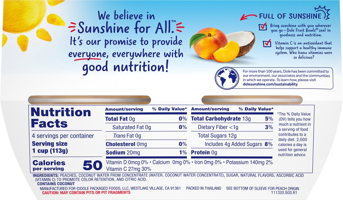 slide 7 of 11, DOLE Fruit Bowls Yellow Cling Diced Peaches in Slightly Sweetened Coconut Water 4-4 oz. Cups, 4 ct; 4 oz