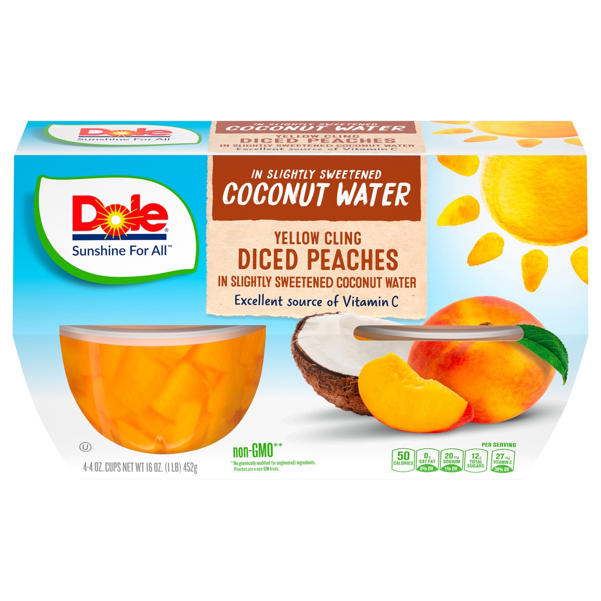 slide 9 of 11, DOLE Fruit Bowls Yellow Cling Diced Peaches in Slightly Sweetened Coconut Water 4-4 oz. Cups, 4 ct; 4 oz