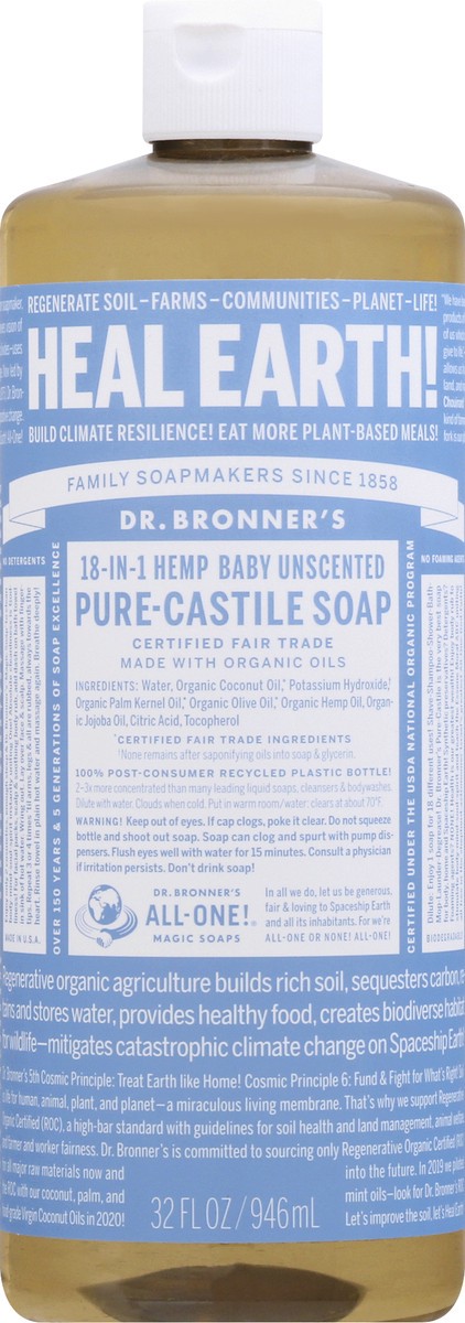 slide 1 of 9, Dr. Bronner's 18-in-1 Hemp Baby Unscented Pure-Castile Soap 32 oz, 32 oz