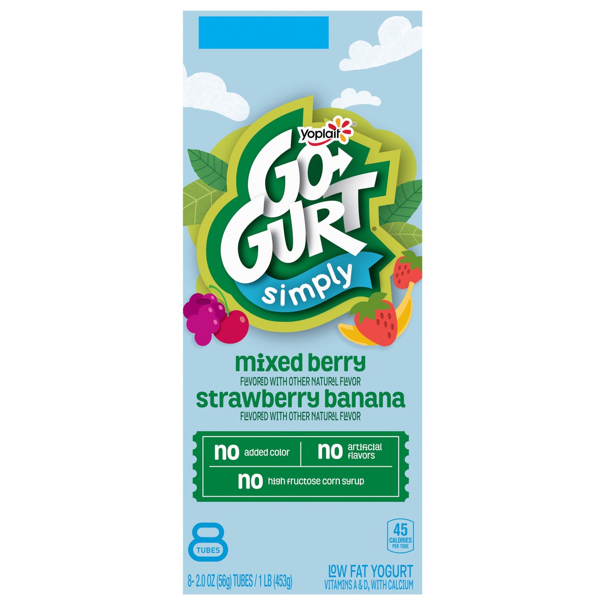 slide 1 of 3, Go-Gurt Simply Go-GURT Mixed Berry and Strawberry Banana Kids Low Fat Yogurt Variety Pack, Gluten Free, 2 oz Yogurt Tubes (8 Count), 8 ct