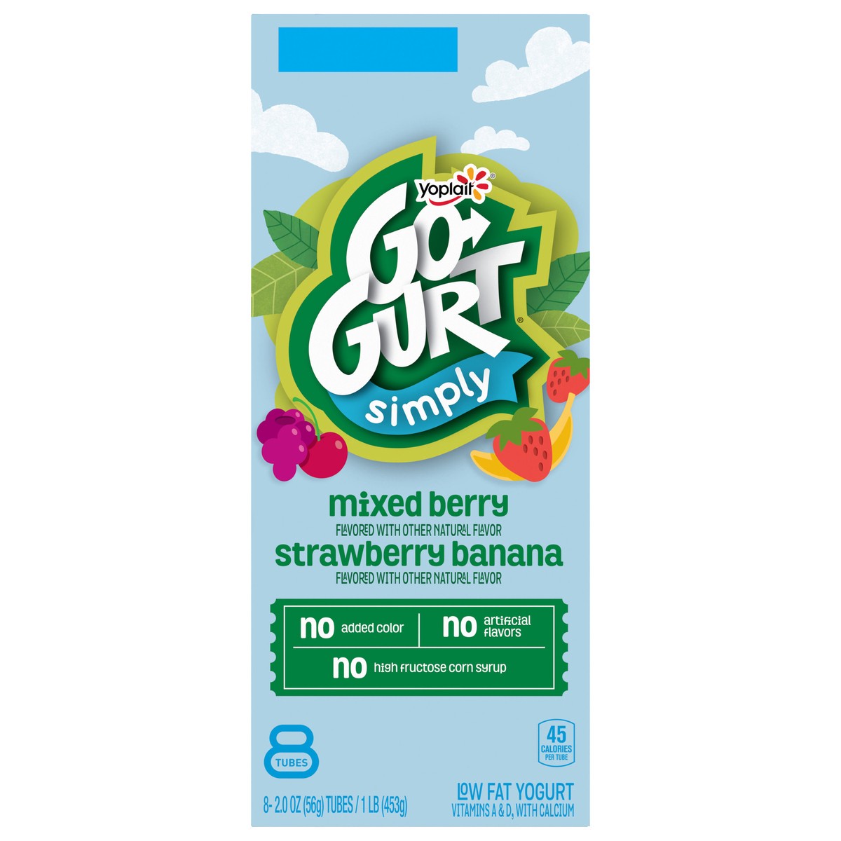 slide 1 of 3, Go-Gurt Simply Go-GURT Mixed Berry and Strawberry Banana Kids Low Fat Yogurt Variety Pack, Gluten Free, 2 oz Yogurt Tubes (8 Count), 8 ct