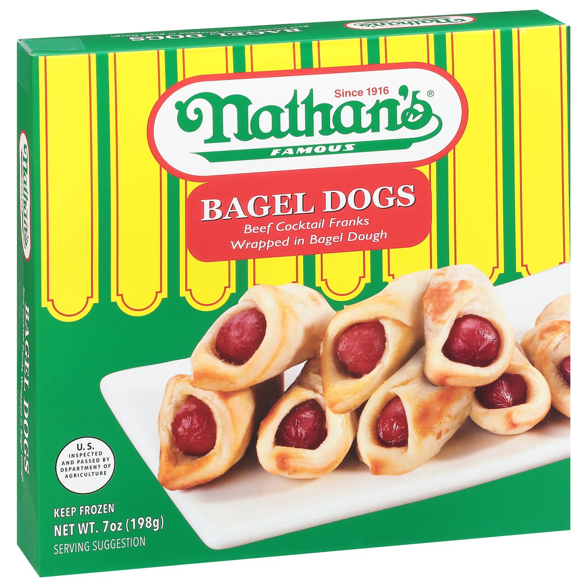 slide 2 of 9, Nathan's Famous Nathans Bagel Dogs, Beef Cocktail Franks Wrapped in a Bagel Dough, 7 oz