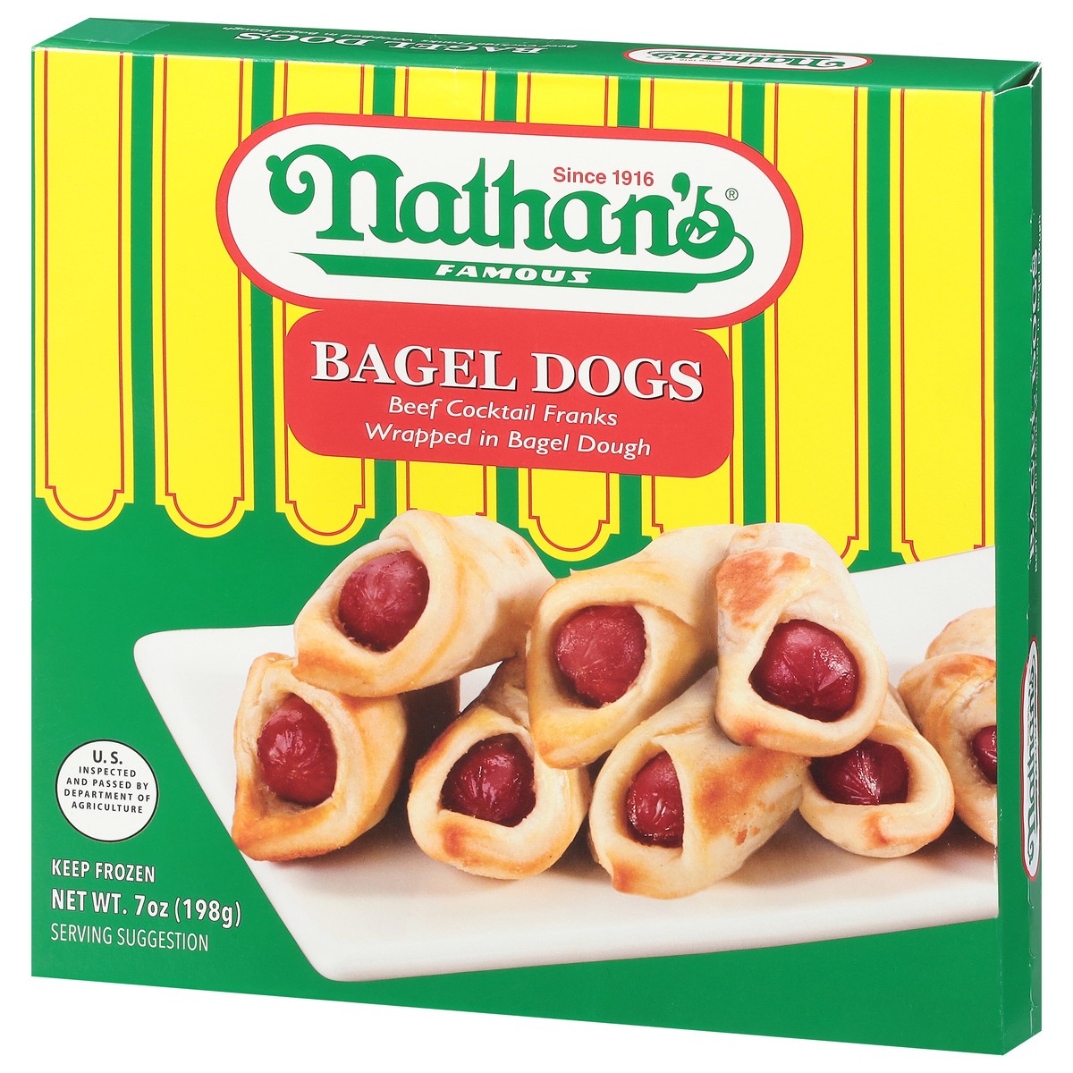 slide 3 of 9, Nathan's Famous Nathans Bagel Dogs, Beef Cocktail Franks Wrapped in a Bagel Dough, 7 oz