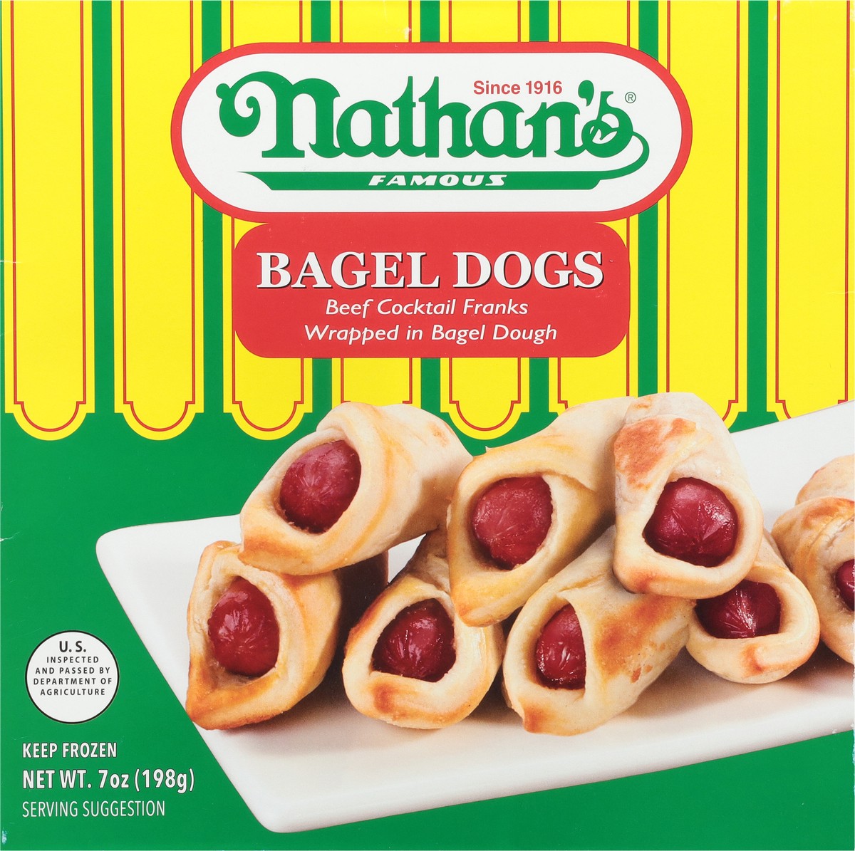 slide 6 of 9, Nathan's Famous Nathans Bagel Dogs, Beef Cocktail Franks Wrapped in a Bagel Dough, 7 oz