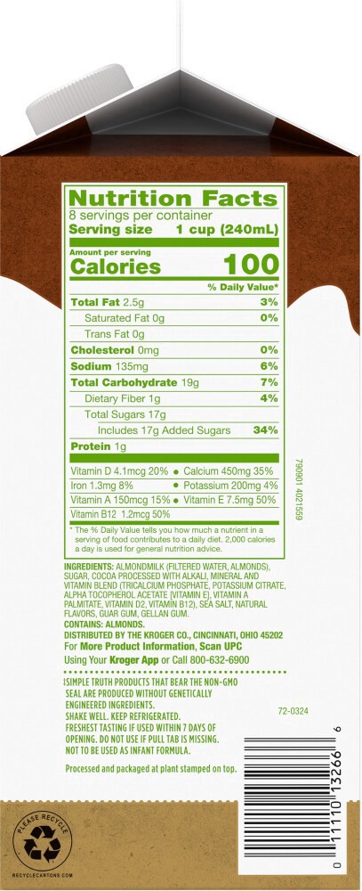 slide 2 of 3, Simple Truth Chocolate Almond Milk, 1/2 gal