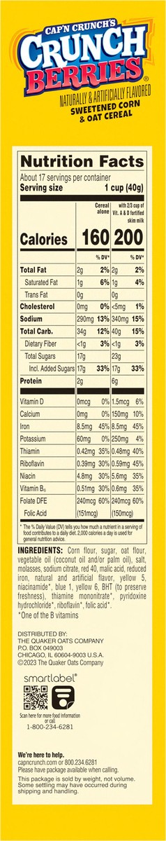slide 9 of 10, Cap'n Crunch's Sweetened Corn & Oat Cereal Crunch Berries Naturally & Artificially Flavored 23.9 Oz, 23.9 oz