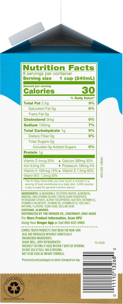 slide 2 of 3, Simple Truth Unsweetened Vanilla Almond Milk, 1/2 gal
