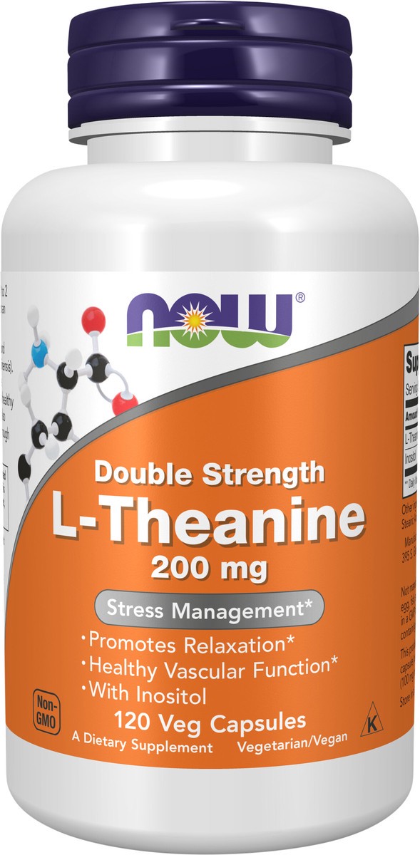 slide 2 of 4, NOW L-Theanine, Double Strength 200 mg - 120 Veg Capsules, 120 ct