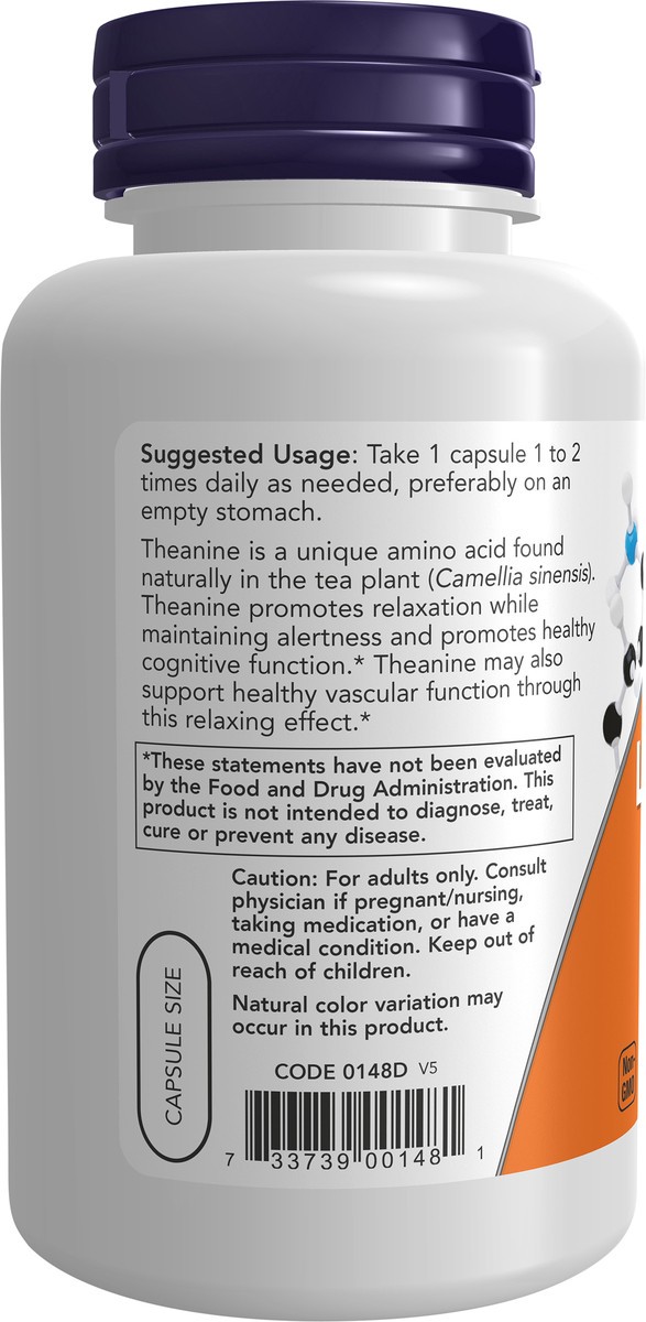 slide 4 of 4, NOW L-Theanine, Double Strength 200 mg - 120 Veg Capsules, 120 ct