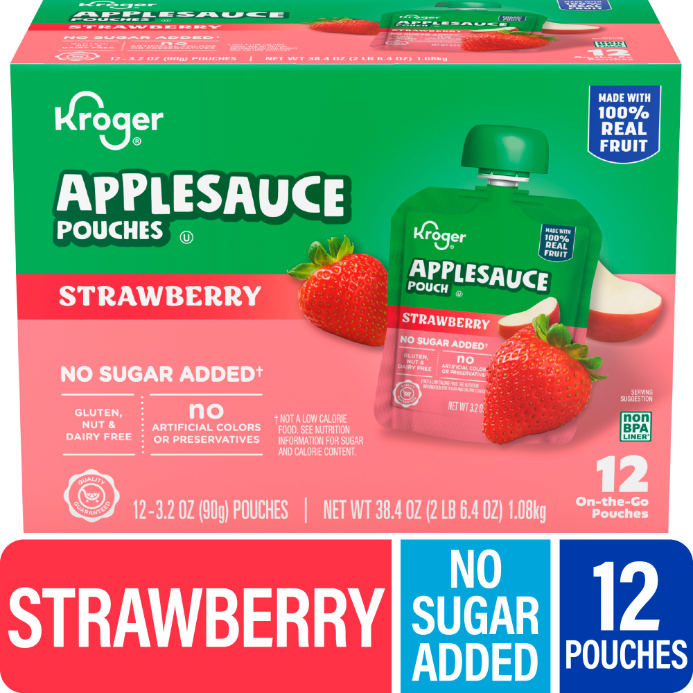 slide 1 of 1, Kroger® No Sugar Addedˆ Assorted Strawberry Applesauce Pouches, 12 ct / 3.2 oz, 12 ct