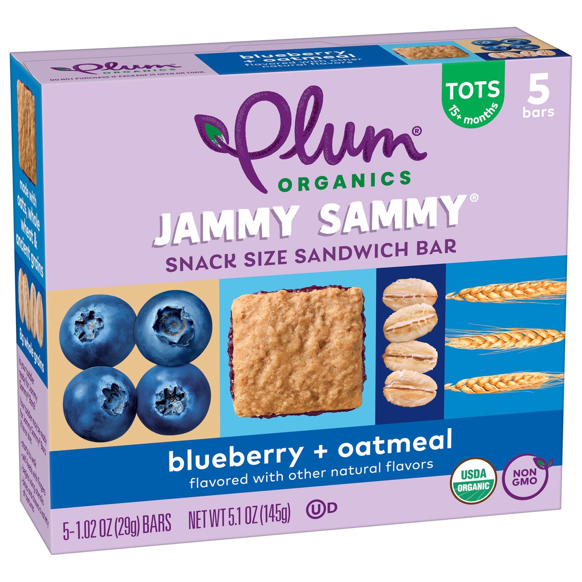 slide 5 of 9, Plum Organics Jammy Sammy Snack Size Sandwich Bar Blueberry + Oatmeal 5-Count Box/1.02oz Bars, 5 ct