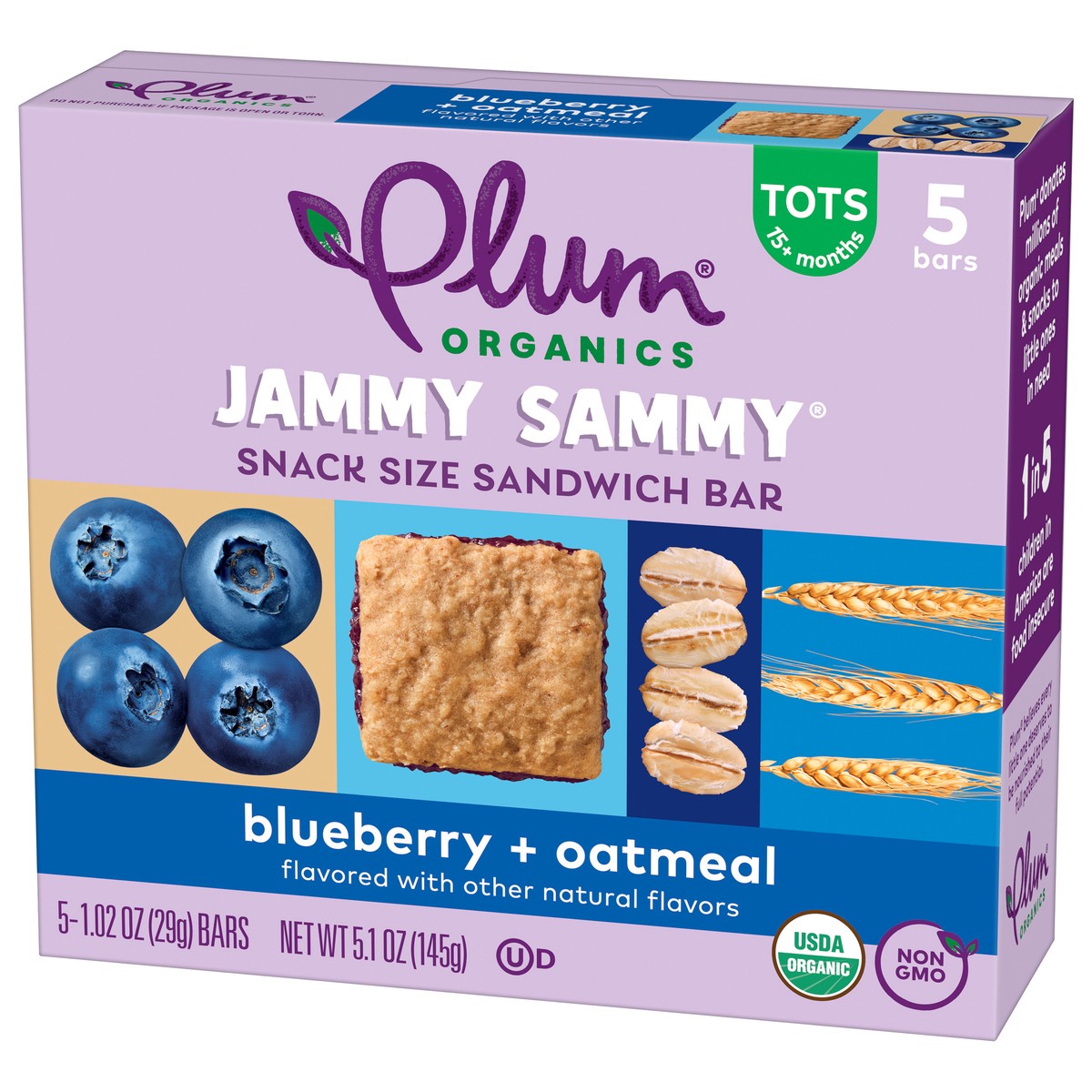 slide 6 of 9, Plum Organics Jammy Sammy Snack Size Sandwich Bar Blueberry + Oatmeal 5-Count Box/1.02oz Bars, 5 ct