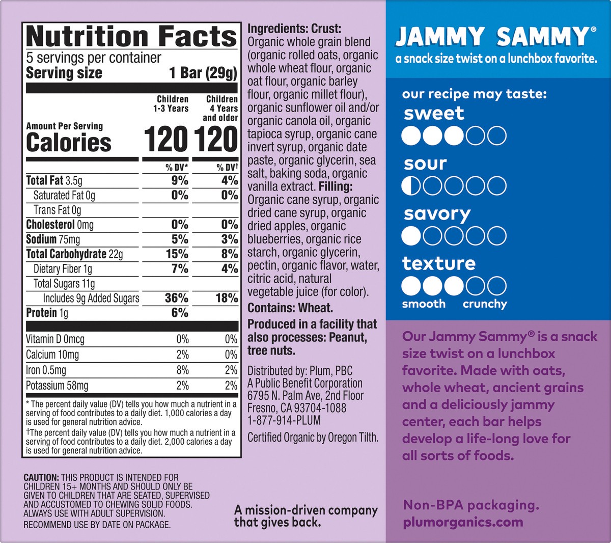 slide 7 of 9, Plum Organics Jammy Sammy Snack Size Sandwich Bar Blueberry + Oatmeal 5-Count Box/1.02oz Bars, 5 ct