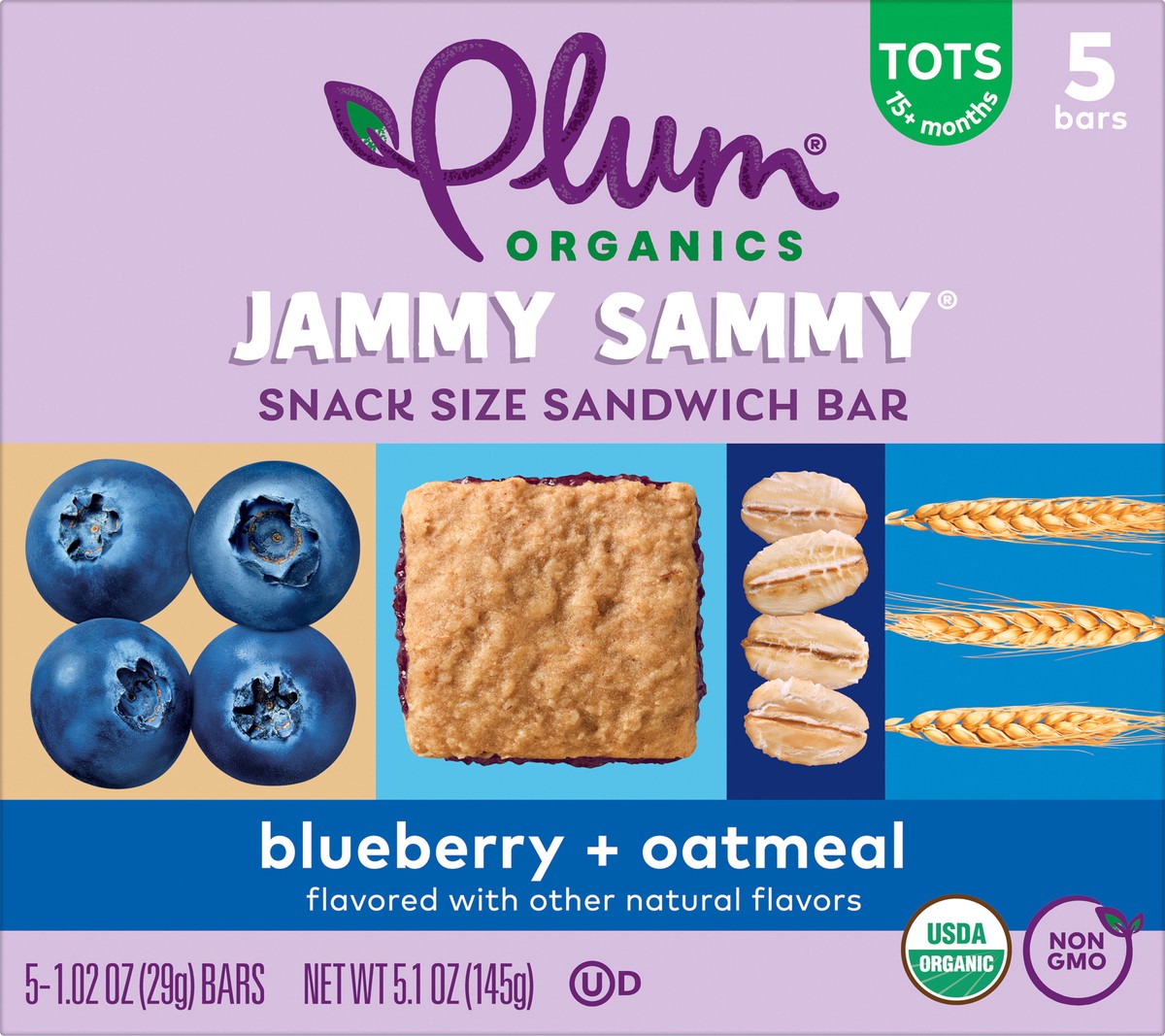 slide 8 of 9, Plum Organics Jammy Sammy Snack Size Sandwich Bar Blueberry + Oatmeal 5-Count Box/1.02oz Bars, 5 ct