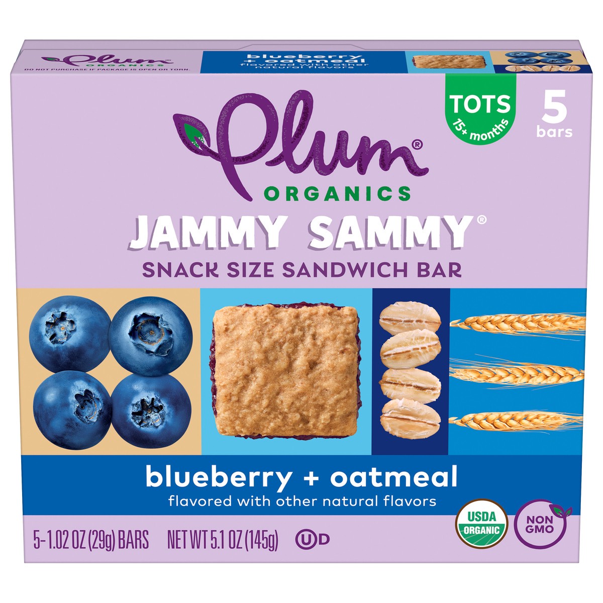 slide 1 of 9, Plum Organics Jammy Sammy Snack Size Sandwich Bar Blueberry + Oatmeal 5-Count Box/1.02oz Bars, 5 ct