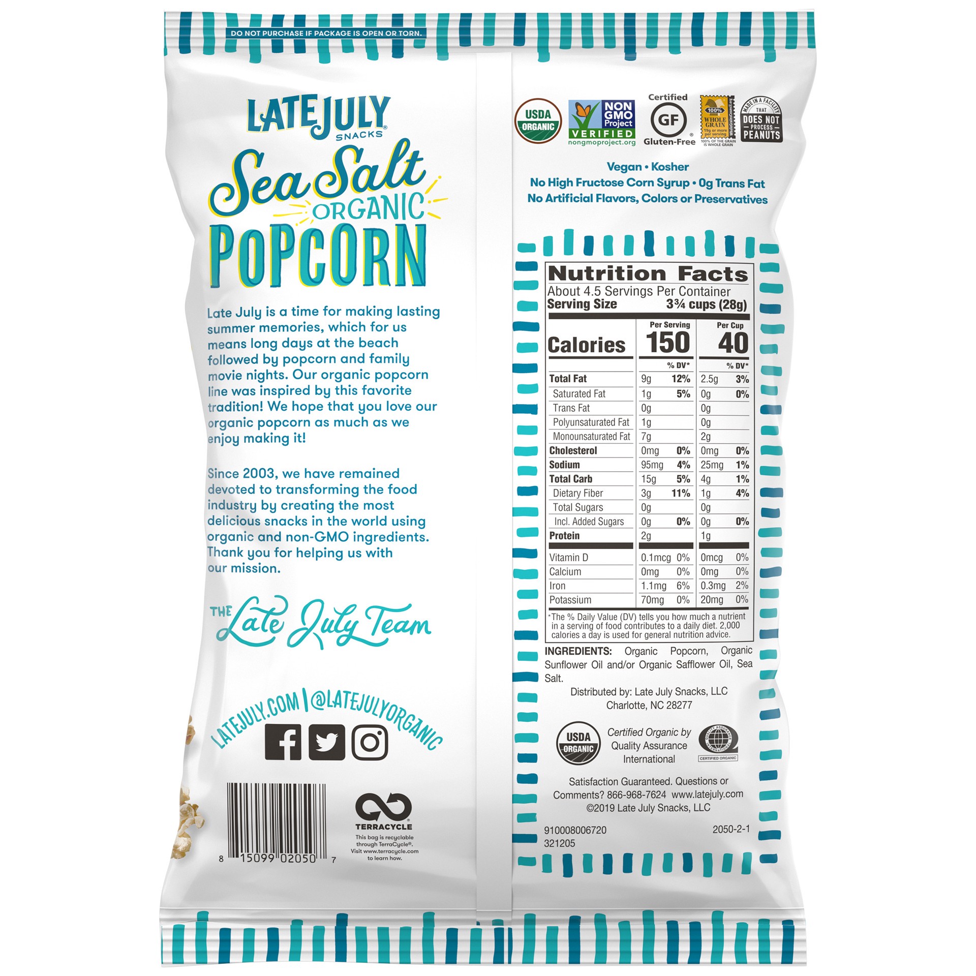 slide 2 of 5, Late July Snacks Sea Salt Organic Popcorn, 4.4 oz