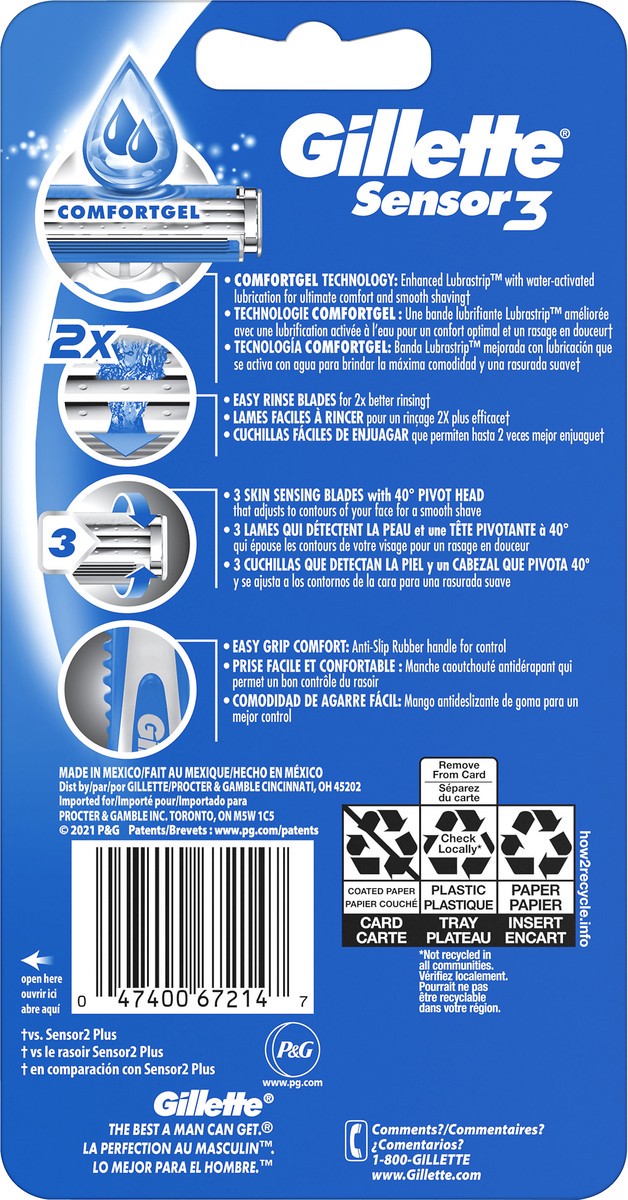 slide 3 of 3, Gillette Sensor3 Men's Disposable Razor, 7 Razors, 7 ct