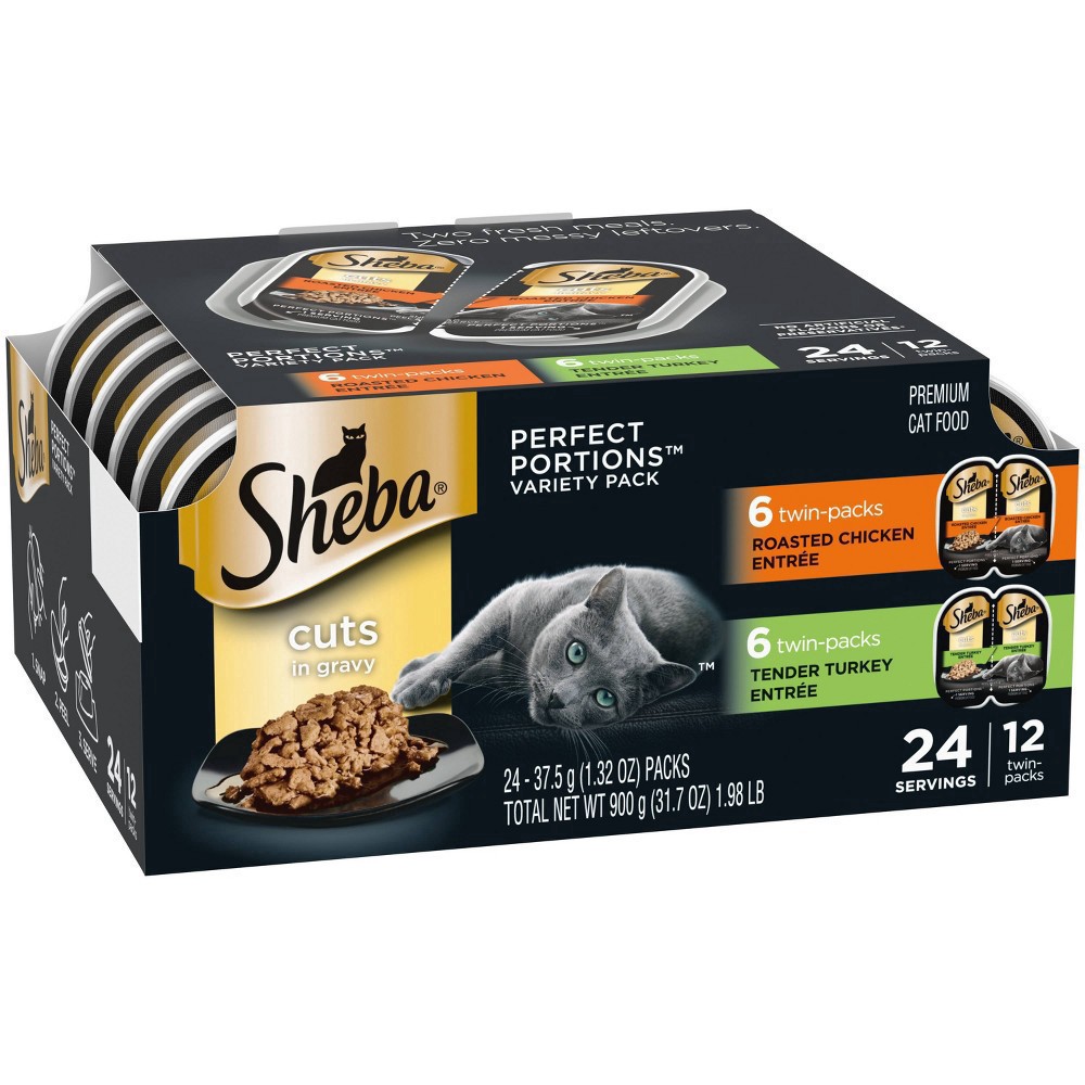 slide 2 of 4, Sheba Perfect Portions Premium Roasted Chicken Entree/Tender Turkey Entree Cat Food Twin-Pack Variety Pack 24 - 37.5 g Packs, 12 ct