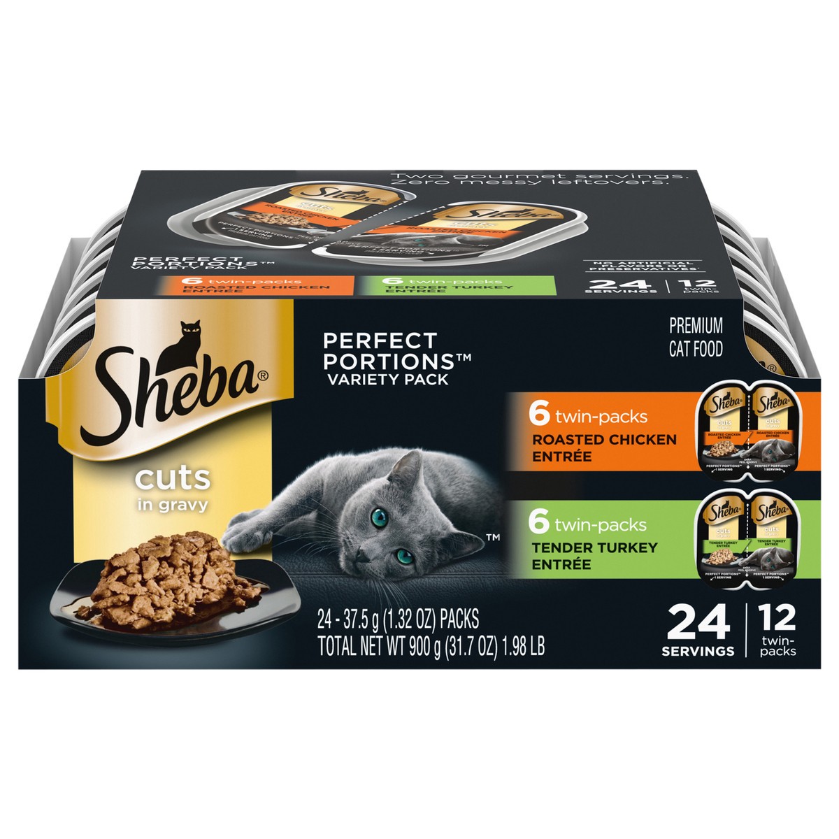 slide 1 of 4, Sheba Perfect Portions Premium Roasted Chicken Entree/Tender Turkey Entree Cat Food Twin-Pack Variety Pack 24 - 37.5 g Packs, 12 ct