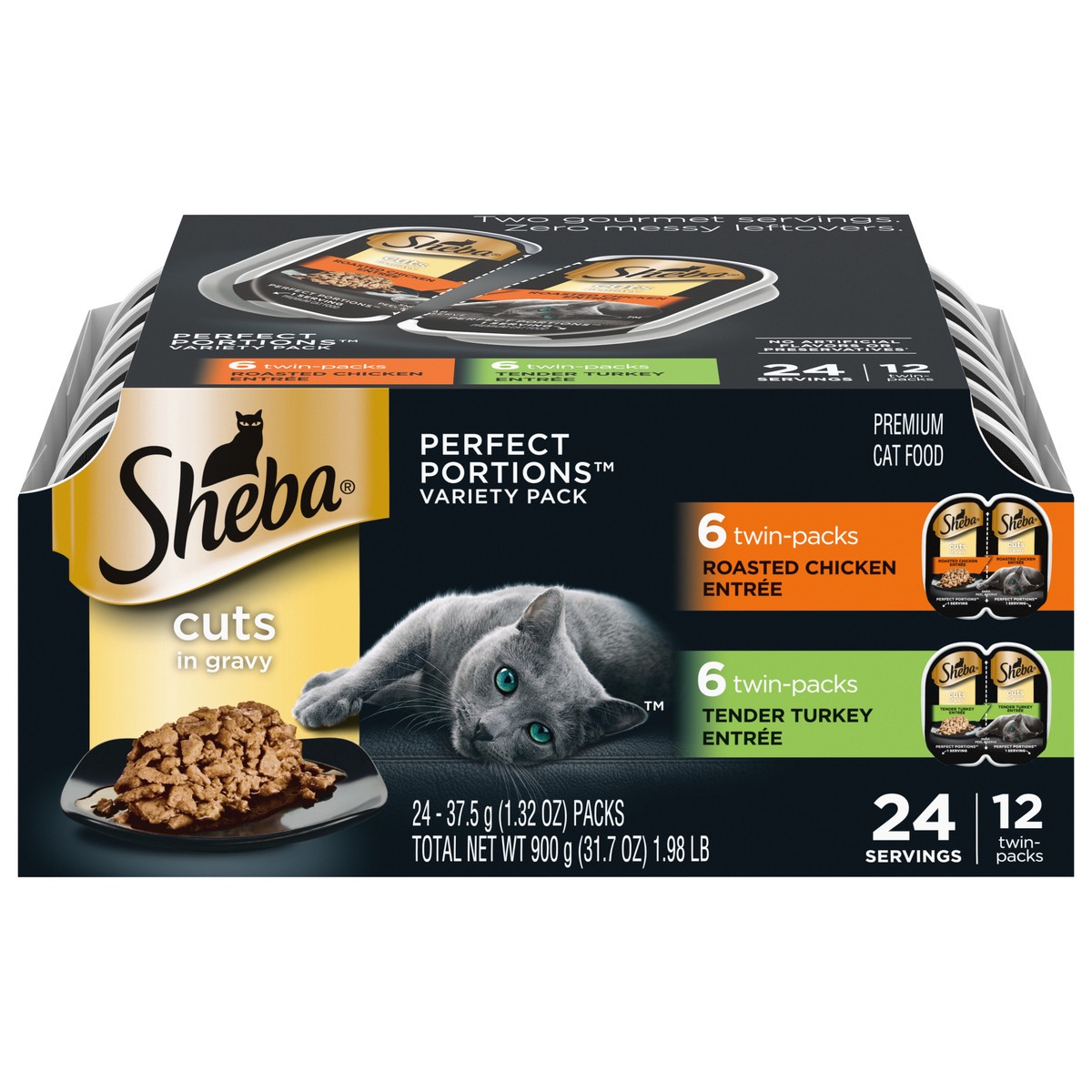 slide 1 of 4, Sheba Perfect Portions Premium Roasted Chicken Entree/Tender Turkey Entree Cat Food Twin-Pack Variety Pack 24 - 37.5 g Packs, 12 ct