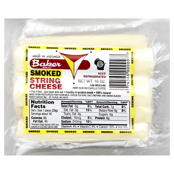 slide 1 of 5, Baker Cheese Baker Smoked String Cheese, 16 oz