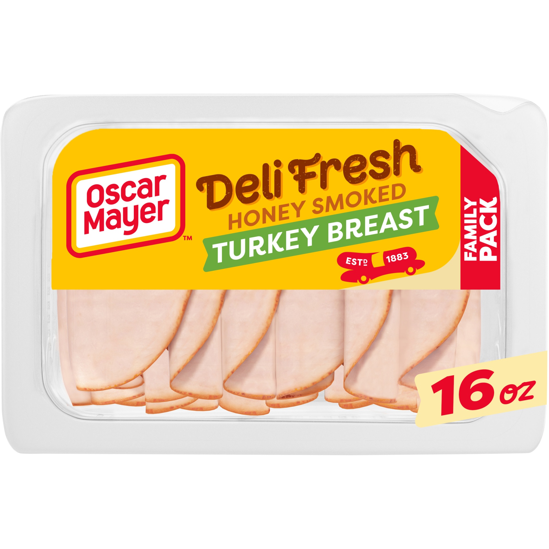 slide 1 of 2, Oscar Mayer Deli Fresh Honey Smoked Turkey Breast Sliced Lunch Meat Family Size Tray, 16 oz