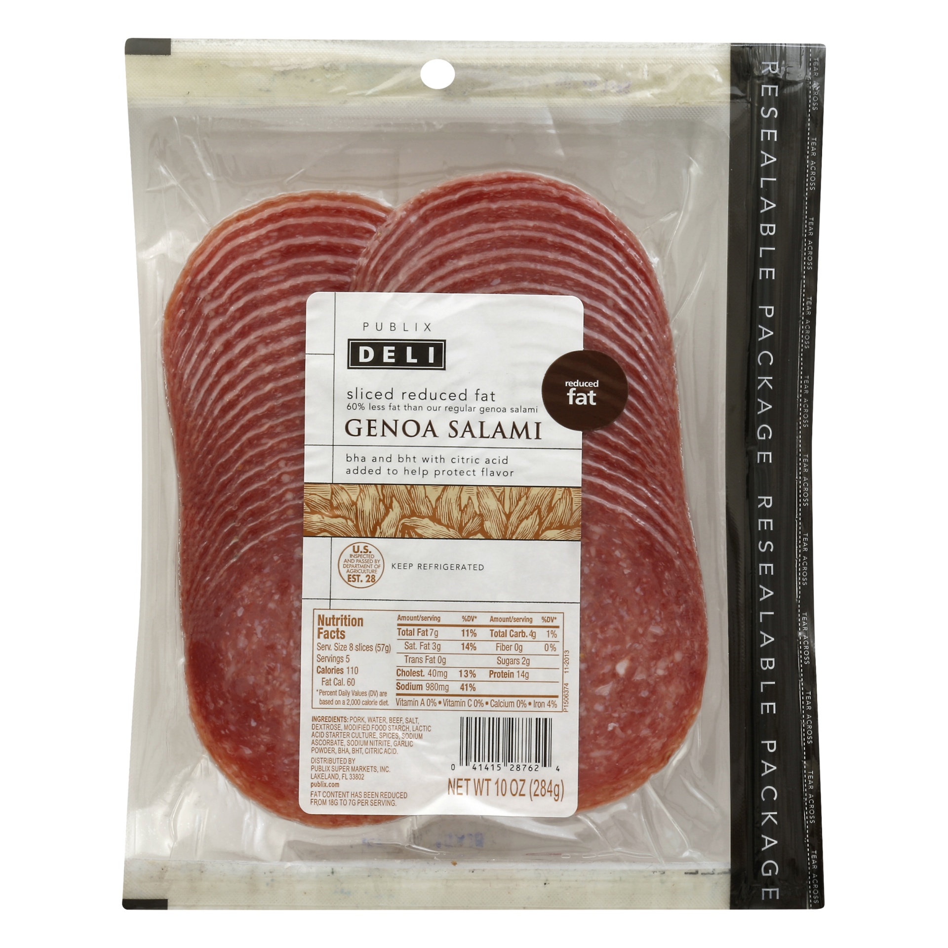 slide 1 of 1, Publix Deli Reduced Fat Sliced Genoa Salami, 10 oz