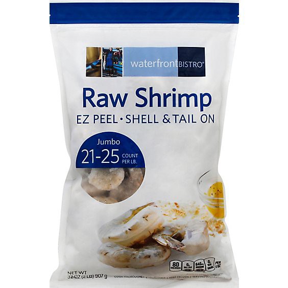 slide 1 of 1, Waterfront Bistro Raw Ez Peel Shell Tail On Jumbo Shrimp 21-25 Ct - 32 Oz, 2 lb