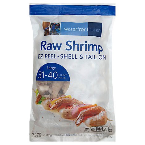 slide 1 of 1, waterfront BISTRO Shrimp Raw Medium Ez Peel Shell & Tail On Frozen 31-40 Count - 2 Lb, 1240 ct