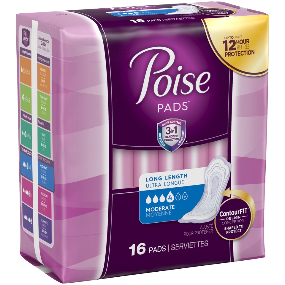 slide 2 of 3, Poise Moderate Absorbency Long Pads, 16 ct