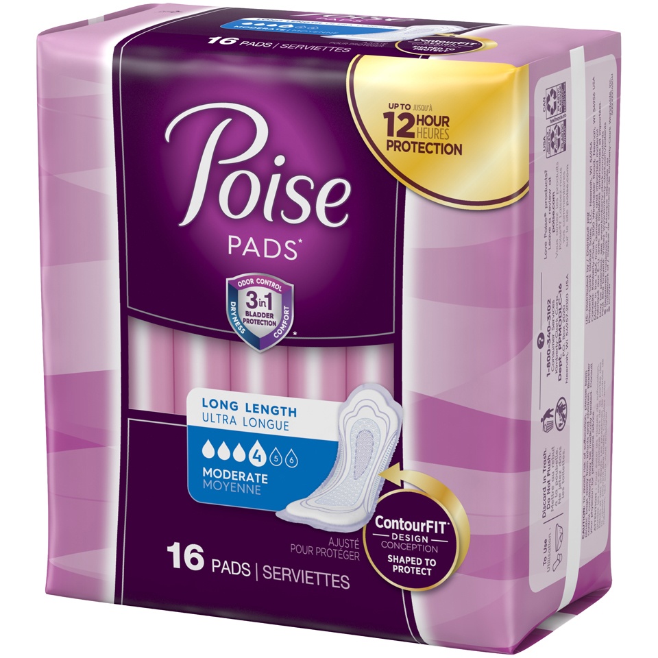 slide 3 of 3, Poise Moderate Absorbency Long Pads, 16 ct