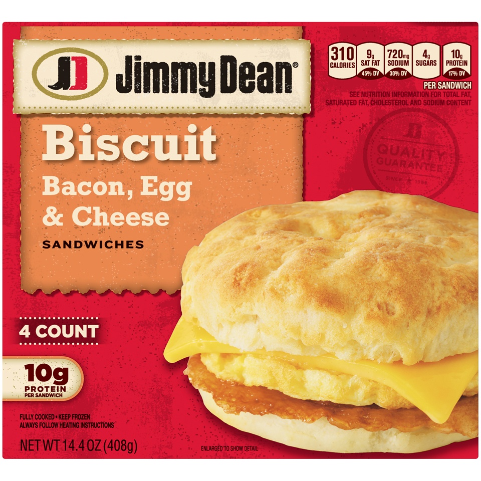 slide 2 of 6, Jimmy Dean Bacon Egg & Cheese Frozen Biscuit Sandwiches - 4ct, 4 ct; 14.4 oz