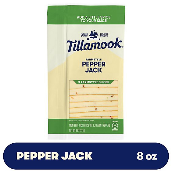 slide 1 of 13, Tillamook Farmstyle Pepper Jack Thick Cut Farmstyle Slices Cheese 9 Count - 8 Oz, 8 oz