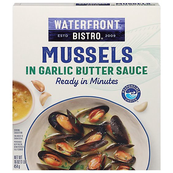 slide 1 of 1, Waterfront Bistro Mussels Garlic Butter Sauce Fully Cooked Ready To Heat - 16 Oz, 16 oz