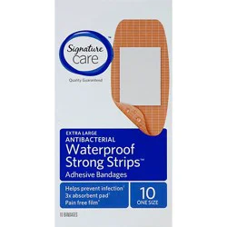 Signature Select/care Adhesive Bandages Strong Strips Waterproof Antibacterial Extra Large - 10 Count
