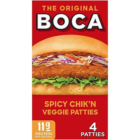 slide 1 of 1, Boca Spicy Vegan Chik'n Veggie Patties - 4 Count, 10 oz