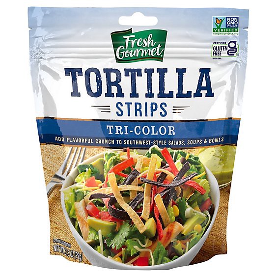 slide 1 of 1, Fresh Gourmet Crunchy Toppings Tortilla Strips Tri-Color - 3.5 Oz, 3.5 oz