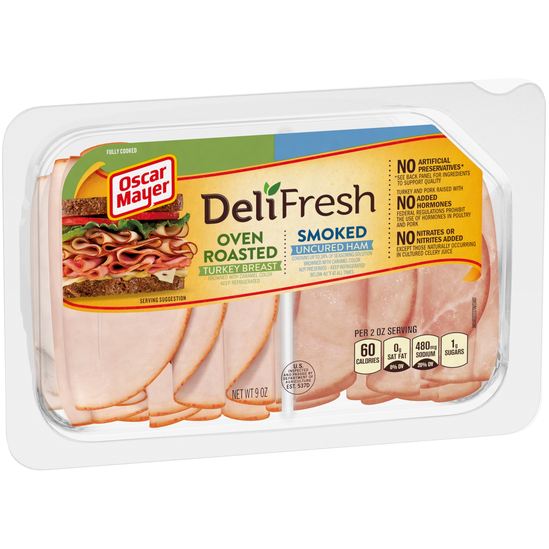 slide 2 of 6, Oscar Mayer Deli Fresh Oven Roasted Turkey Breast & Smoked Uncured Ham Sliced Lunch Meat Variety Pack Tray, 9 oz